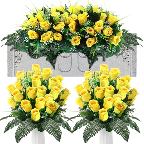XunYee 3 Pcs Artificial Cemetery Flower Set Cemetery Flowers Saddle Flowers Rose Bouquets with Vase 1 Saddle and 2 Memorial Bouquets for Outdoor Headstone Decor Grave(Yellow) - color: Yellow