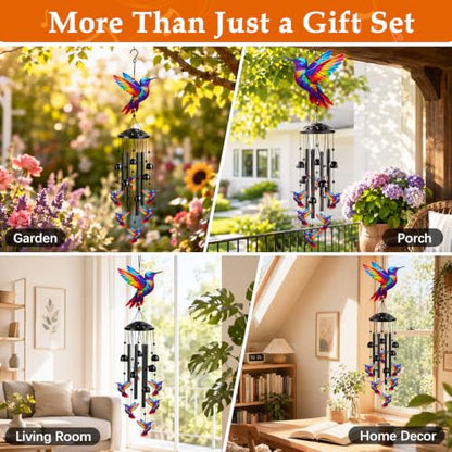 Aluminum Hummingbird Wind Chimes for Outside, Metal Garden Treasures Wind Chime with 4 Durable Tubes & 6 Bells, Unique Grandma Garden Gifts Box & Card Included, 35.4" (Colorful) - color: Colorful