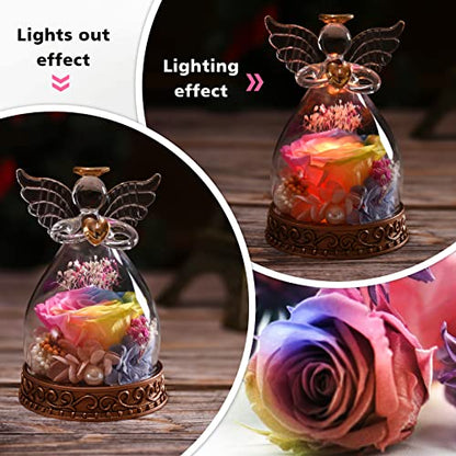 Preserved Real Rose in Glass Angel Figurine with LED Light, Angel Gifts for Women, Mom, Grandma on Mother's Day Christmas Birthday (Multicolor) - color: Multicolor