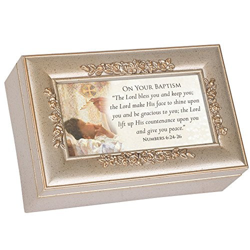 Cottage Garden Your Baptism Silvertone Embossed Floral Jewelry Music Box Plays Amazing Grace