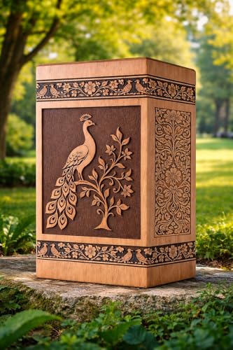 Double Faced urn Peacock Engraved Memorial for Adult Ashes – Decorative Floral Funeral Keepsake Box[Available urn Box in 5 Different Sizes] ((Full Size 14X7.5 600 Cubic INCHES))
