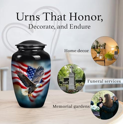 American Flag with Eagle Urn for Ashes Women -Patriotic Cremation Urns Men | Large Black Military Urns for Human Ashes Adult Man - Veteran Funeral Urn for 10 Inch and 200lbs - color: Patriotic Flying Eagle With American Flag