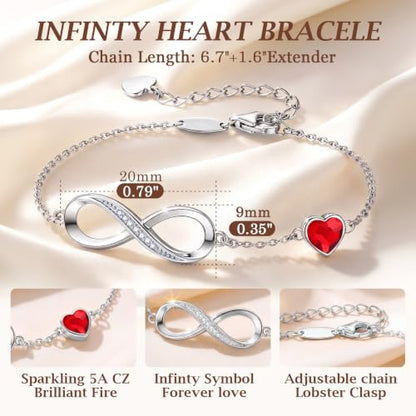 CDE 925 Sterling Silver Infinity Birthstone Bracelet Jewelry Gift for Women | Hypoallergenic,Non Tarnish,Heart CZ,Nickel-Free & Lead-Free,Anniversary Christmas Birthday Idea Gifts for Wife Girlfriend Her - color: Crystal-Red