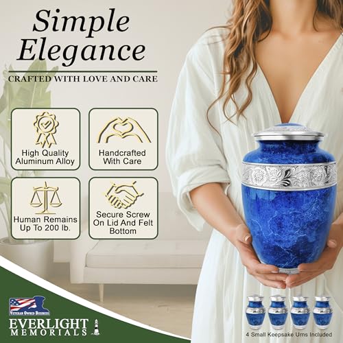Blue Marble Cremation Urn Set for Human Ashes – Large Adult Memorial Urn with 4 Keepsake Urns, Family Sharing Urn Set, Tribute of Love and Remembrance - color: Blue