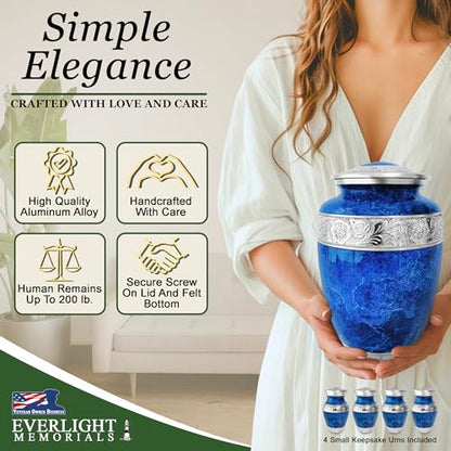 Blue Marble Cremation Urn Set for Human Ashes – Large Adult Memorial Urn with 4 Keepsake Urns, Family Sharing Urn Set, Tribute of Love and Remembrance - color: Blue