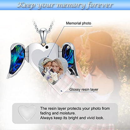 SOULMEET Angel Wing Heart Locket Necklace that Holds Picture Photo Locket Pendant You are My Angel Sterling Silver/Gold - style: C2-Abalone angel wing locket+photo