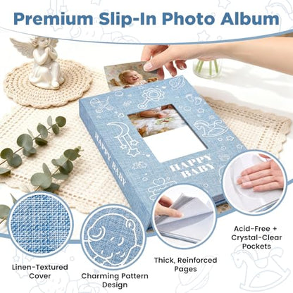 Baby Photo Album 4x6 300 Pockets with Memo Area, Photo Stickers & Hand and Footprint Kit, Linen Cover Baby Memory Book with Front Window, First Year Keepsake for Newborn Boy Girl - color: Blue