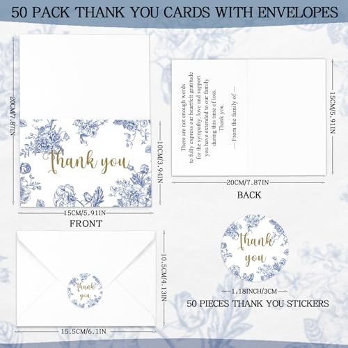 Fumete 50 Set Funeral Thank You Cards, Blue Floral - style: Blue Floral