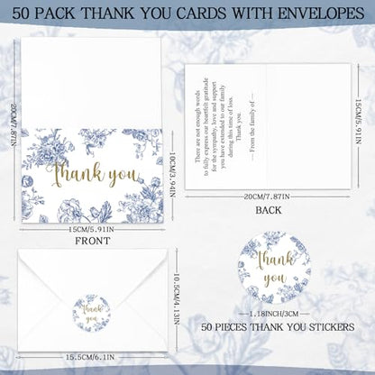 Fumete 50 Set Funeral Thank You Cards, Blue Floral - style: Blue Floral