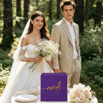 Purple Card Box with Gold Foil Design, Paperboard 8.7" Gift Card Holder for Wedding Graduation Birthday Party Reception Retirement Anniversary Bridal & Baby Shower - color: Purple Card Box with Gold Foil, size: 8.7×8.7×8.7Inch(1 Pack)