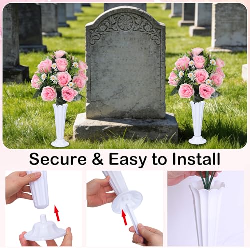 Artificial Cemetery Flowers Set 2PCS Memorial Grave Roses Bouquets with Vases for Outdoor Grave Decor UV Resistant