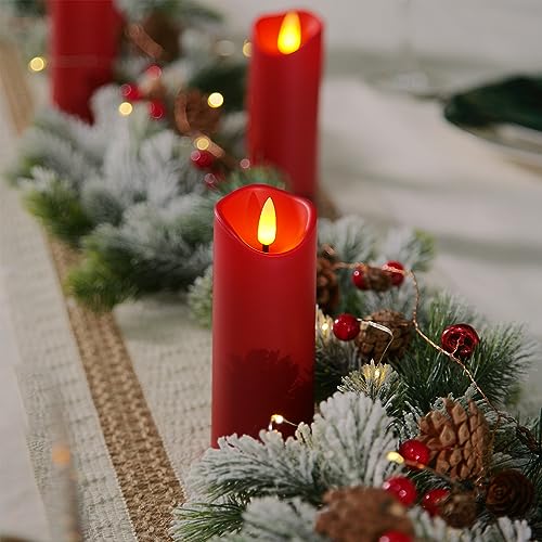 Homemory Christmas Flameless Candles, Battery Operated Candles with Remote Timers, Electric Fake Candles for Home, Christmas Decoration, Made of Plastic, Red/Burgundy, Set of 9 | Plastic shell, battery operated flickering c, les, dual remotes, indoor Hall