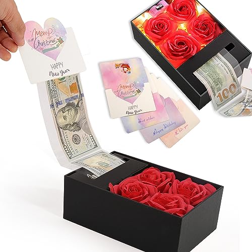 Money Box for Cash Gift Pull, Money Gift Boxes for Cash on Birthday, Christmas, Graduation, Mother's Day, for Husband, Wife, Girlfriend, Mother With Soap Rose Flower and Greeting Cards (Black+Red) - color: Black+Red