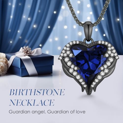 CDE Angel Wings Heart Birthstone Pendant Necklace Gift for Women | Silver/Gold Tone,Ideal Birthday & Anniversary Jewelry Gift for Wife,Girlfriend,Her - color: Black-09-Sept-Spahhire Blue Birthstone
