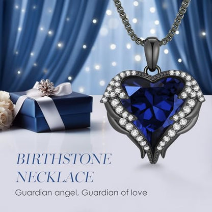 CDE Angel Wings Heart Birthstone Pendant Necklace Gift for Women | Silver/Gold Tone,Ideal Birthday & Anniversary Jewelry Gift for Wife,Girlfriend,Her - color: Black-09-Sept-Spahhire Blue Birthstone
