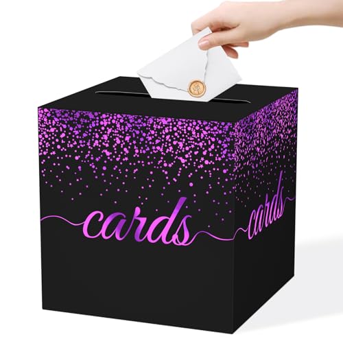 WNINK Black Purple Gold Cards Box for Birthday, Wedding, Bridal or Baby Shower, Graduation, Funeral, Anniversaries, Engagement Party Decorations Supplies Money and Cards Receiving Box - color: Black Purple