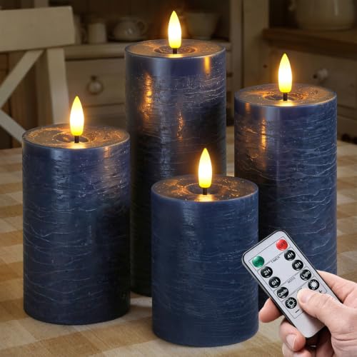 Set of 4 Navy Blue Real Wax Flameless Candles with Remote, Long Lasting Battery Operated LED Pillar 3" x 4" 5" 6" 7" with Timer and Flickering Electric for Home Decor - color: Navy Blue