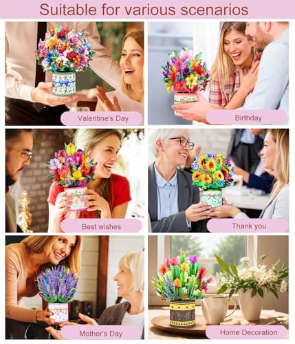 Pop Up Flower Bouquet Card Set for Women – 6 Unique 3D Floral Designs with Envelopes & Separate Blank Note Cards, Forever Rose, Sunflower, Tulip Gift for Mother's Day, Get Well, Birthday, All Occasions - style: Tulip, Sunflower, Roses, Lily, Lavender, Suc