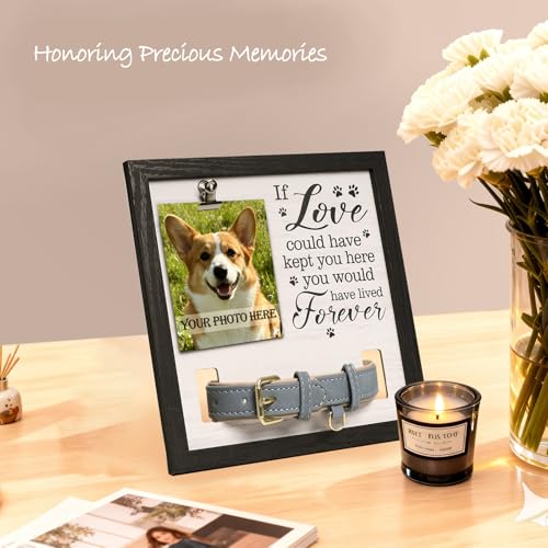 Dog Memorial Gifts for Loss, 9x9 Wooden Pet Loss Sympathy Frame with Collar Holder, Dog & Cat Remembrance Bereavement Gift, Rainbow Bridge Sympathy Gift（Forever in Our Hearts 1.0