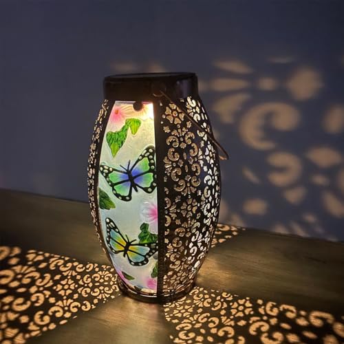 Hanging Solar Lantern Waterproof Garden Light Butterfly-New | Glass & Metal, Tabletop Light with Hollowed-Out Design for Garden Patio Table Decor, Gifts for Friends and Family - style: Butterfly-New