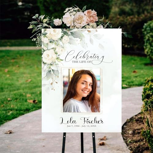 Funeral Welcome Sign with Photo, White Greenery Funeral Welcome Sign, Celebration of Life Decoration, Funeral Memorial Sign, In Loving Memory Sign, Photo Sign, Funeral program - color: #Version 06