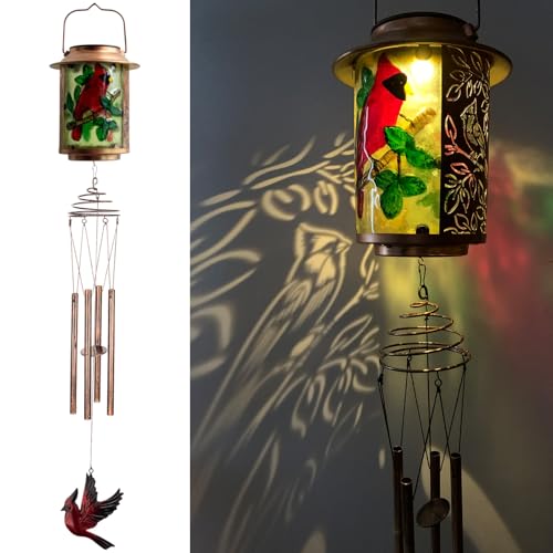 Solar Wind Chimes, Cardinal Garden Decor, Sympathy Gift Windchime Deep Tone | Solar Wind Chime for Outdoor, Memorial Wind Chimes Deep Tone, Sympathy Windchimes for Outside, Gifts for Women, Mom, Grandma - color: Cardinal