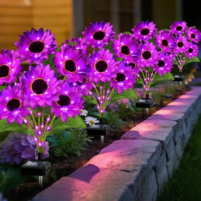 ANGMLN Solar Garden Lights 4 Pack 24 Purple Solar Sunflower Lights - color: 6 Head Sunflower Purple