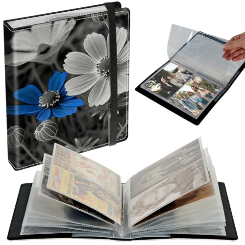 Small Photo Album 3.5x5 inch 80 Pictures PU Leather Photo Albums with Transparent Inner Pockets & Elastic Band for Wedding Boys Girl Travel Family Pictures - Blue Sunflowers - color: Blue Sunflowers, size: 3.5x5 Photo Album