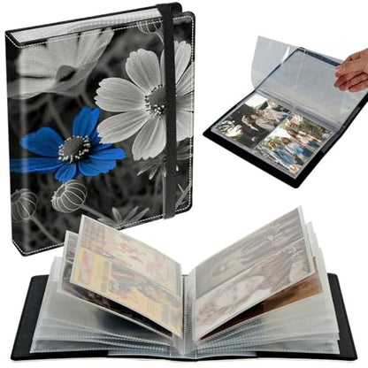 Small Photo Album 3.5x5 inch 80 Pictures PU Leather Photo Albums with Transparent Inner Pockets & Elastic Band for Wedding Boys Girl Travel Family Pictures - Blue Sunflowers - color: Blue Sunflowers, size: 3.5x5 Photo Album