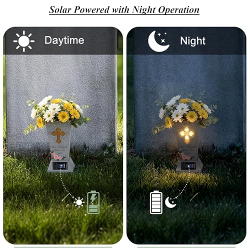 Solar Cemetery Grave Vase with Spike, 14.3"x4.3" Angel & LED Cross Design | Removable Ground Stake for Headstone Flower Holder, Cemetery Decorations for Grave - size: 1 Pack