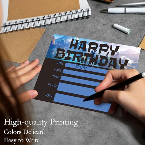 Gaming Birthday Invitations for Boys Shooting Party Invites with Envelopes - color: Blue Games