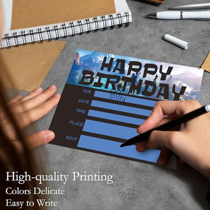 Gaming Birthday Invitations for Boys Shooting Party Invites with Envelopes - color: Blue Games