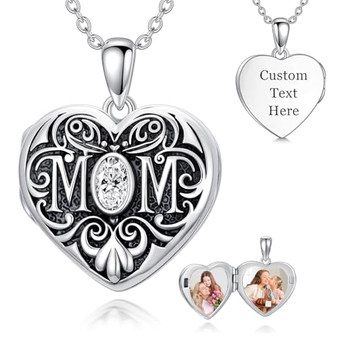 Mom Photo Locket Necklace 925 Sterling Silver Mothers Necklace Mother Photo Locket Pendant Mom Jewelry for Mother's Day - color: mom-text-photo