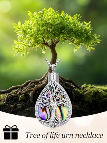 WINNICACA Cremation Jewelry for Ashes Locket Ashes Necklace Urn Necklace for Women Sterling Silver Cremation Necklace for Ashes Fine Keepsake Picture Necklace Memorial Jewelry - style: F01-Tree of Life Teardrop Urn Necklace(Abalone)