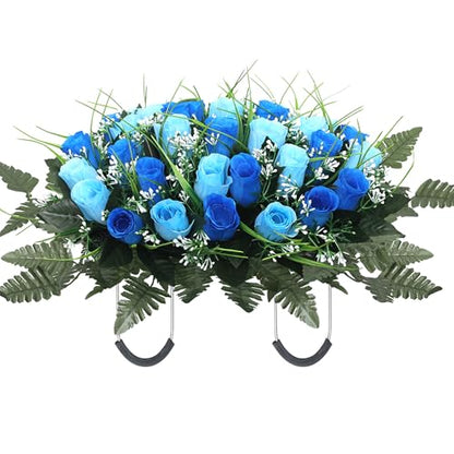Artificial Cemetery Flower Headstone Flower Saddle Grave Rose Flowers for Cemetery Non-Bleed Colors Windpoof (Blue) - color: Blue