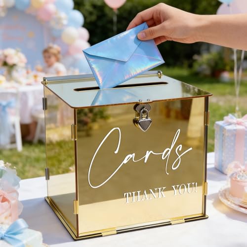 Gold Acrylic Card Box with Lock & Slot, Classy Golden Wedding Card Boxes for Reception, Luxury Monetary Envelope Gift Box for Party Graduation Birthday Anniversary Baby Shower All Occasions - color: Golden