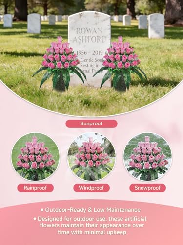 Mirevielyn 2-Pack 24-Stem Artificial Rose Cemetery Flowers with Vases - color: Pink (Soft Tone)