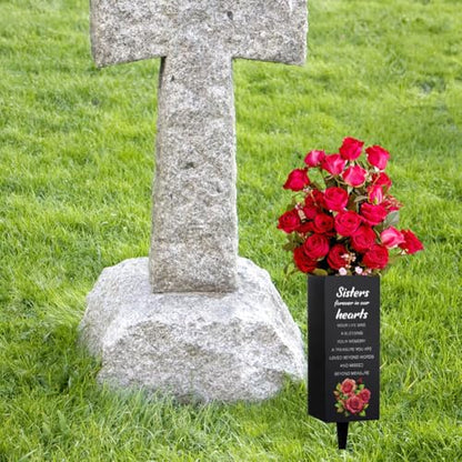 WEBEEDY Grave Vases with Spike Sisters Memorial Cemetery Vase Rose Bush Grave Decoration for Cemetery Memorial Gift Metal Graves Flower Holder for Funeral (Sister Forever in Our Heart),1 pc (3x8 Inch)