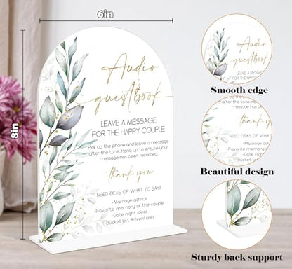 Acrylic Wedding Signs, Greenery Theme Audio Guestbook Sign, Wedding Reception Signage, Bridal Shower Table Decor with Stand, Engagement, Anniversary, Newlywed Events and Parties Supplies, 09 - color: Audio Guestbook Sign, 09