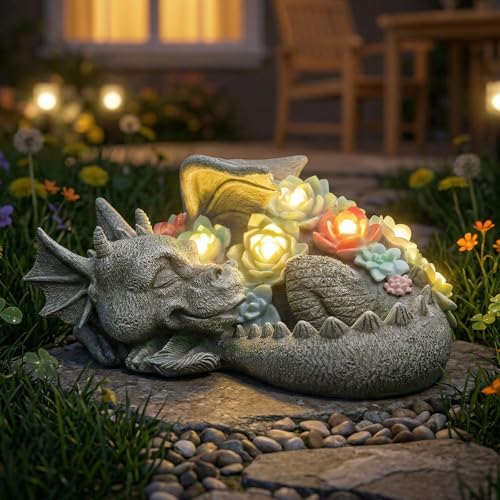 Solar Dragon Garden Statue, Sleeping Dragon with Solar Light Succulent | Coiled Dragon Figurine Solar Light, Waterproof Resin Garden Statues for Outside Lawn Patio Yard Decorations and Garden Gifts - color: Dragon & Succulents