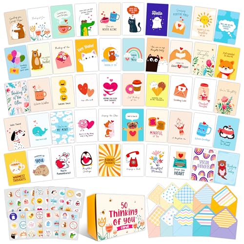 Decorably 50 Pack Bulk 5x7in Thinking of You Cards with Envelopes | Stickers, 50 Adorable Folded Designs for Women & Loved Ones, Printed Message Inside - Thoughtful Notes, Gifting, Mailing
