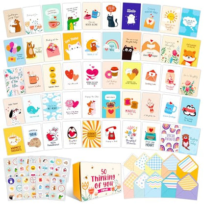 Decorably 50 Pack Bulk 5x7in Thinking of You Cards with Envelopes | Stickers, 50 Adorable Folded Designs for Women & Loved Ones, Printed Message Inside - Thoughtful Notes, Gifting, Mailing