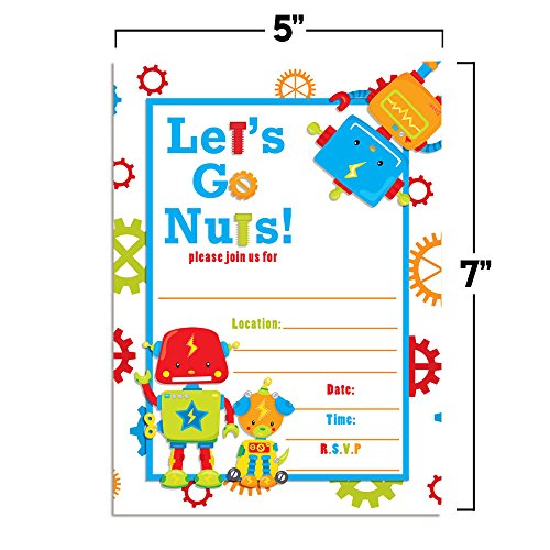 Robot Birthday Party Invitations, 20 5x7 Fill In Cards with Twenty White Envelopes by AmandaCreation … - style: Robot
