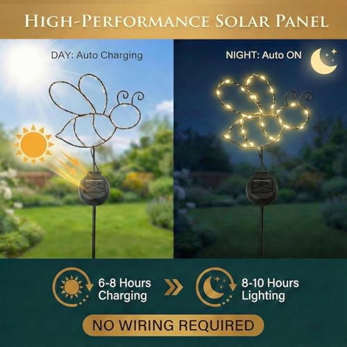 Outdoor Solar Powered LED Decorative Garden Stake Light - 2 Pack Warm White Bee Design - Great Decor for Yard, Patio, Lawn, Planter-Makes a Great Gift
