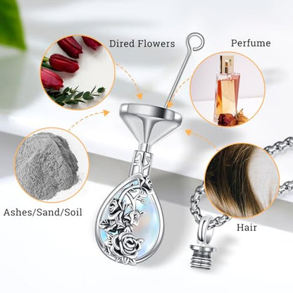 Urn Necklace for Ashes for Women/Men 925 Sterling Silver Cremation Jewelry w/Funnel Filler Memorial Jewelry Gifts - color: A-Rose- Moonstone, style: Non - Customized