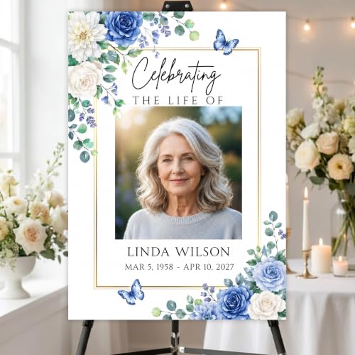 Custom Blue Butterfly Celebration of Life Welcome Sign Memorial Funeral | Personalized Minimalist In Loving Memory yard sign. Weather-resistant corrugated plastic decor. Add custom photo, name, dates - color: Sign11