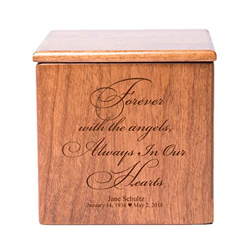 LifeSong Milestones Personalized Wooden Urn Keepsake box for Human Ashes for Loss of Loved One - Forever With The Angels Holds Small Memorial Urn Holds 49 cu.in Funeral - 4.5x4.5x4.75 - color: Cherry