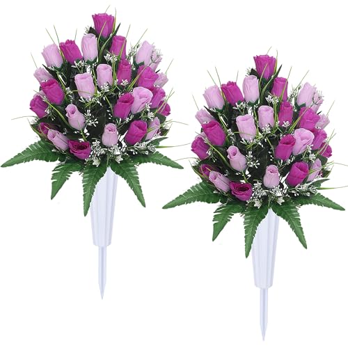 Artificial Cemetery Flowers with Vases 2 Sets Memorial Rose Bouquets for Outdoor Grave Decorations (Purple) - color: Purple