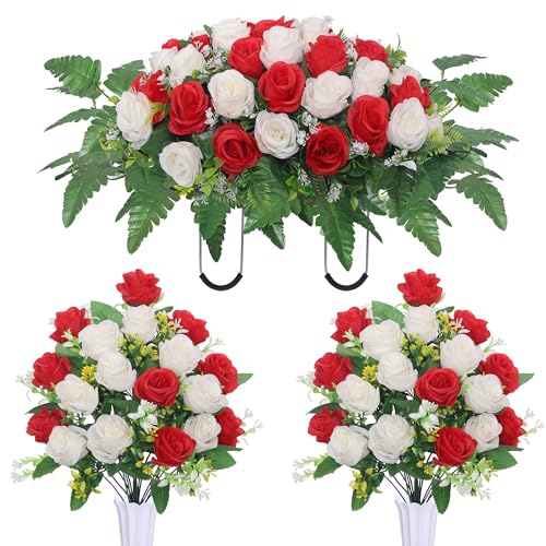 Hibsotco Headstone Flower Saddle,Cemetery Memorial Flowers with Vase for Grave Tombstone Decorations,Artificial Rose Bouquet Grave Memorial Day Flowers for Cemetery (Red White) - color: Red White