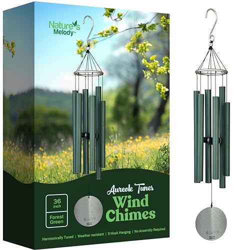 Nature’s Melody Aureole Tunes Wind Chimes – Outdoor Windchime with 6 Tubes Tuned to E Pentatonic Scale, 100% Rustproof Aluminum, Powder Finish & S Hook Hanger for Sympathy, Memorial Gift or Zen Garden - color: Forest Green, size: 36"